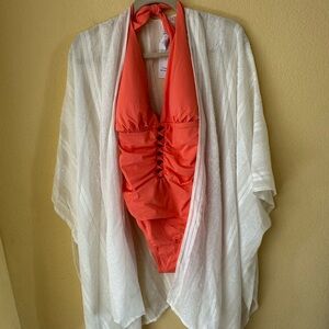 Time and Tru Peach One Piece Waist Slimming Bathing Suit Size M White Coverall